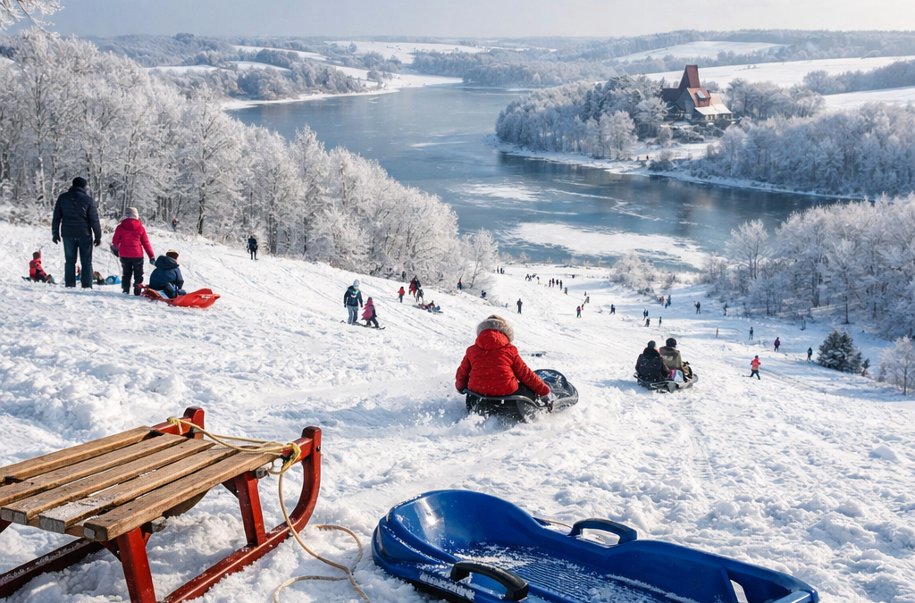 Kælkebakker på Maglesø når vinteren dækker landskabet i Holbæk